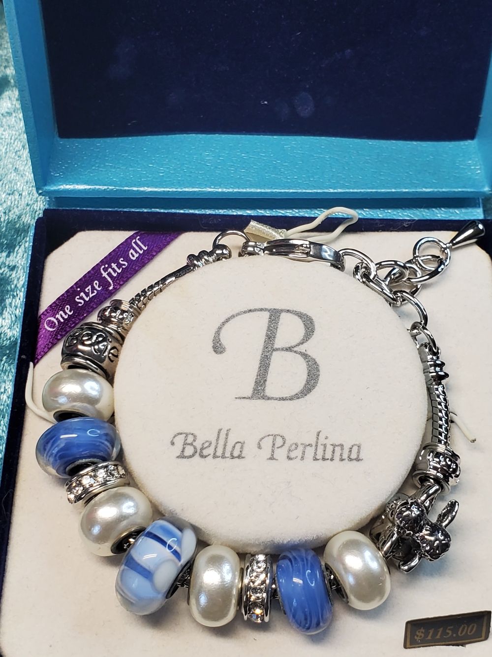 bella Perlina Blue and Pearl Glass Bead Charm Bracelet with Silver Accents